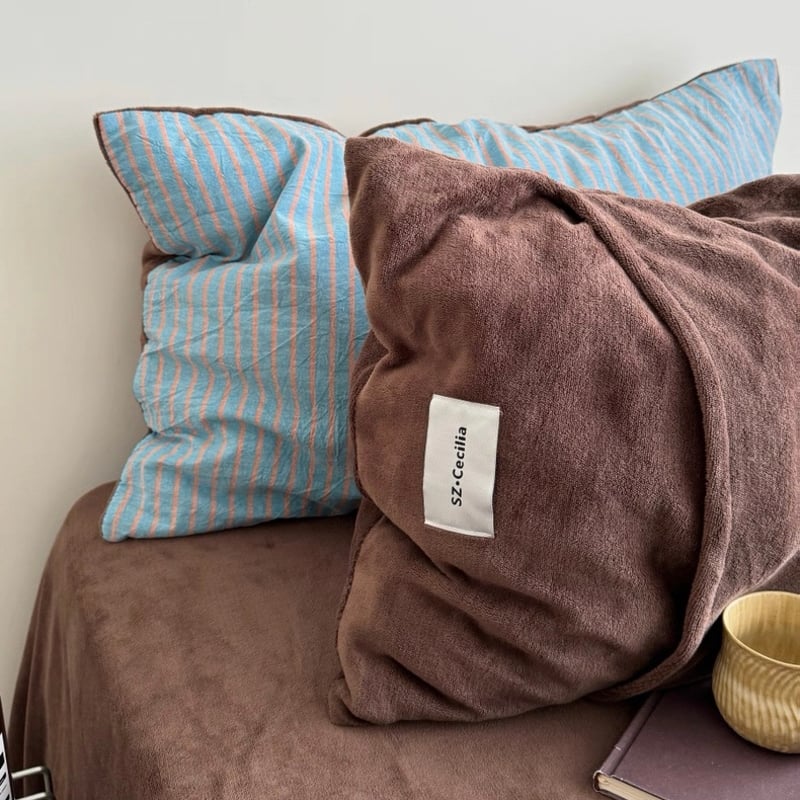 ブルー ブラウン ピン ストライプ コットン フリース 冬用 布団カバー