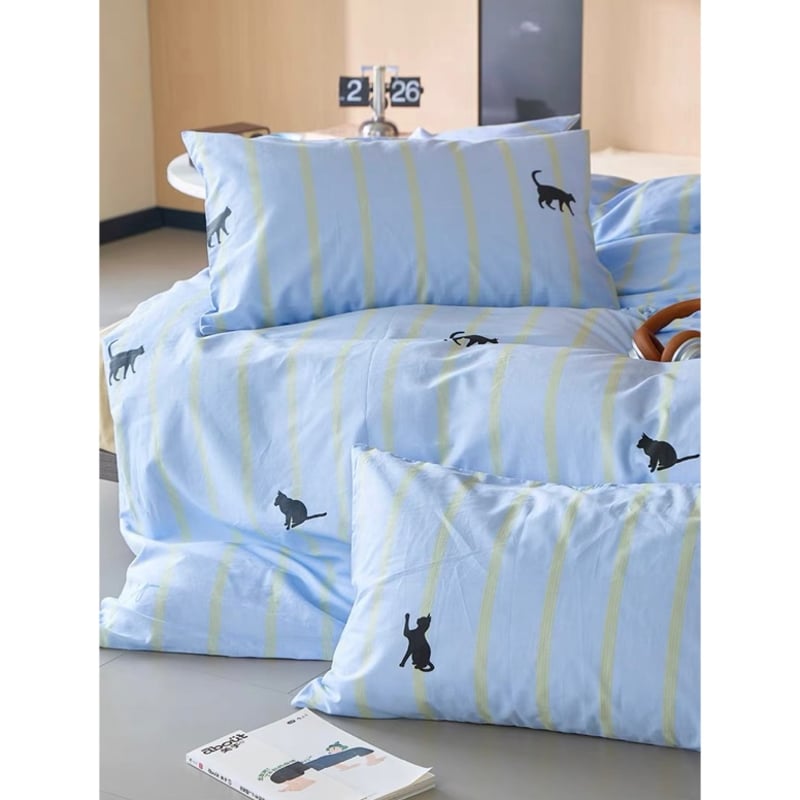 ブルー キャット ストライプ 布団カバーセット 全2種 ベッドカバー 猫