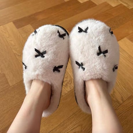 #リボン ボリューム ファー ルームシューズ 全2色 3サイズ 室内 スリッパ