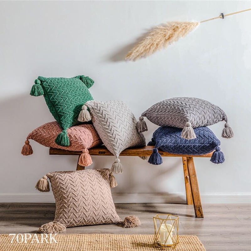 即納】#タッセル付き ケーブル ニット クッションカバー 全9色 | 70PARK