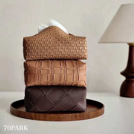 #ブラウン 編み込み風 フェイクレザー ティッシュケース 全3色 ティッシュカバー