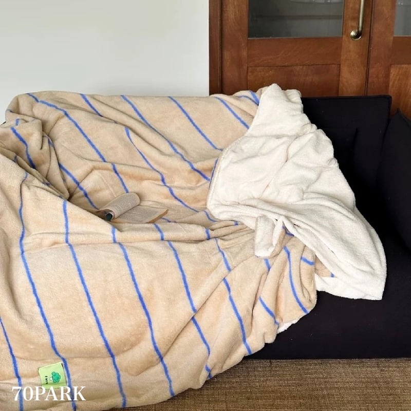 ベージュ ブルー ストライプ柄 ふわふわ ソフト ブランケット 150×200