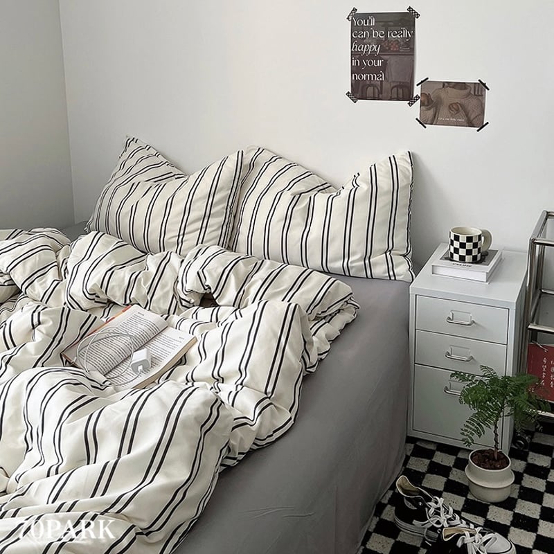 フレーム ベッドカバー 布団 グレー ダブル ストライプ 布団カバーセット 全2種 ベッドカバー