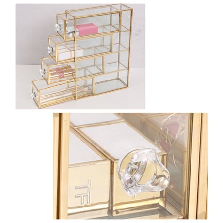 【即納】#ゴールド フレーム クリア コスメ 4杯 引き出し 収納