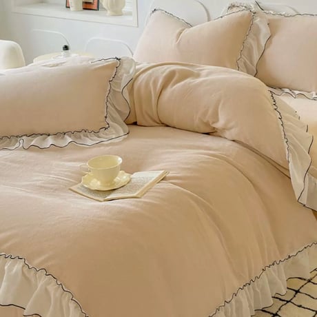 #フリル レース ミルク ベルベット 冬用 布団カバーセット ベージュ ベッドカバー 寝具カバー