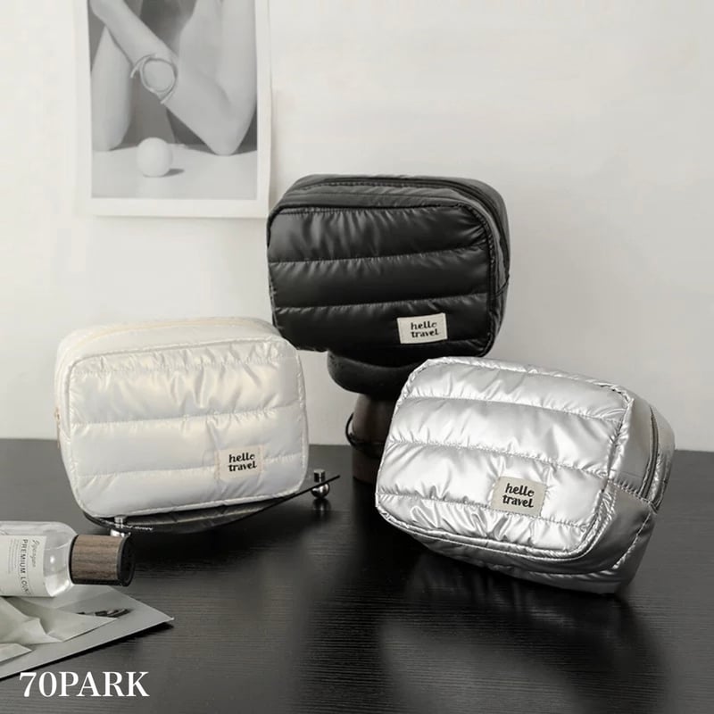 メタリックカラー 長方形 コスメ 収納 パフ ポーチ 全3色 シルバー