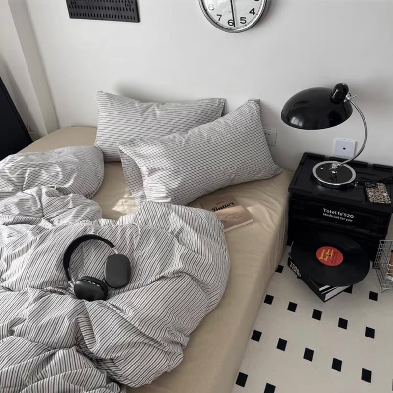 ベージュ ピンストライプ コットン 布団カバーセット 全2サイズ オール