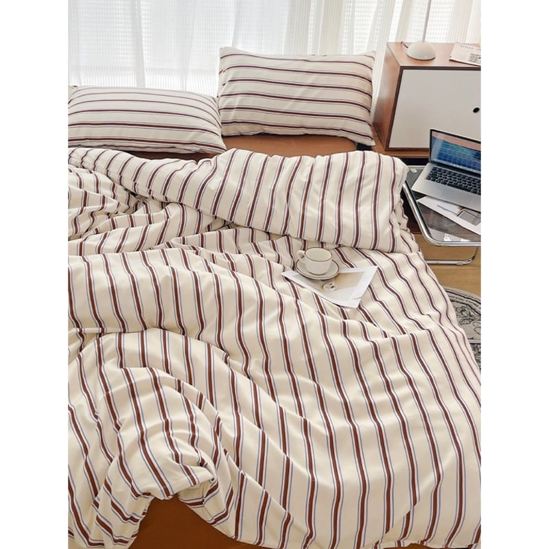 即納】#ブラウン ストライプ 布団カバーセット 全2種 ベッドカバー