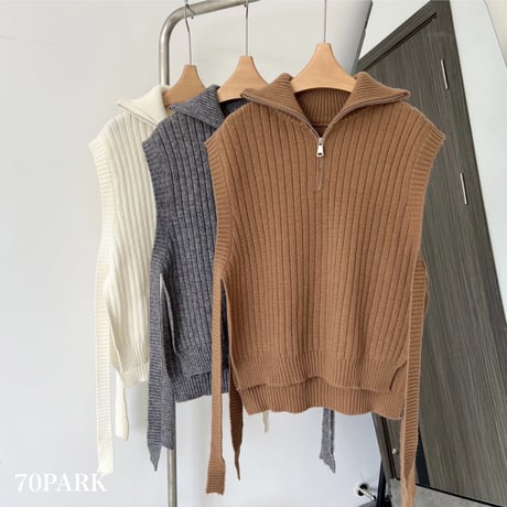 【即納】#ハーフジップ リブ ニット ベスト 全5色 ハイネック
