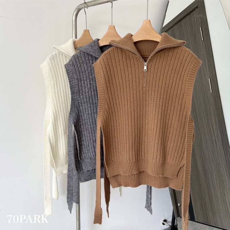 即納】#ハーフジップ リブ ニット ベスト 全5色 ハイネック | 70PARK 即納】#ハーフジップ リブ ニット ベスト 全5色 ハイネック | 70PARK