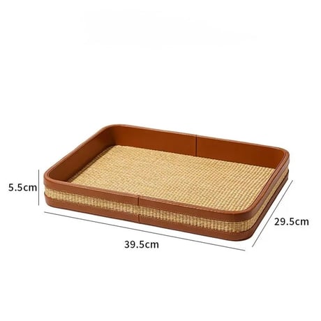 #天然草編み × レザー 長方形 大判 トレイ 収納 カフェトレイ  小物置き