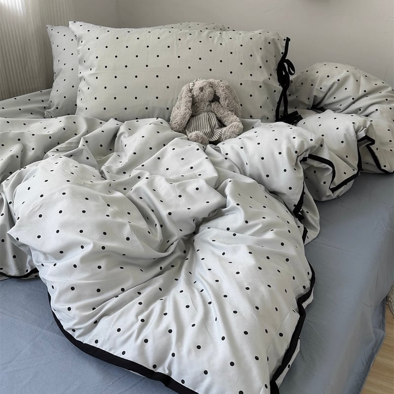 ブルー ドット柄 パイピング リボン 布団カバーセット 全2サイズ