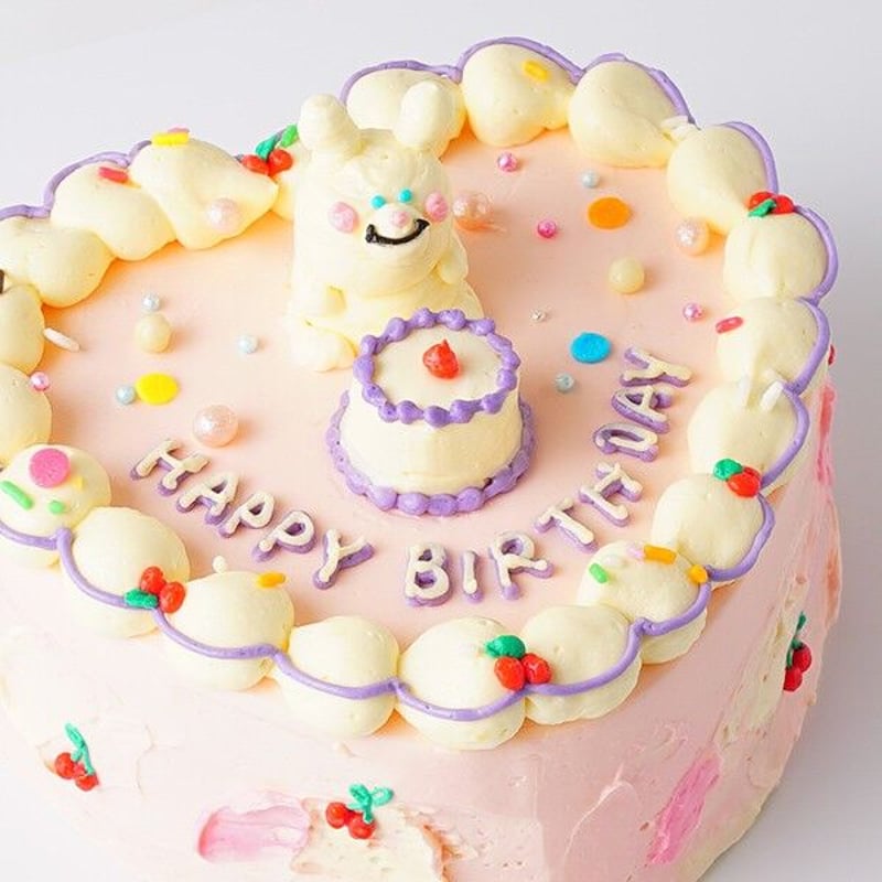 立体うさぎのハート型センイルケーキ バタークリームデコレーション 5