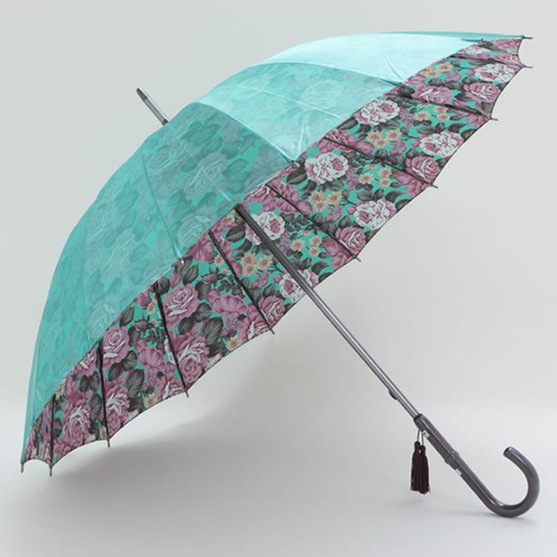 美品。昭和レトロ 晴雨兼用 長傘 花柄 黒 アンティーク 和花傘 黒かっ 骨
