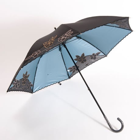 花刺繍の傘(ブルー) 50cm/長傘 晴雨兼用 [H91228]