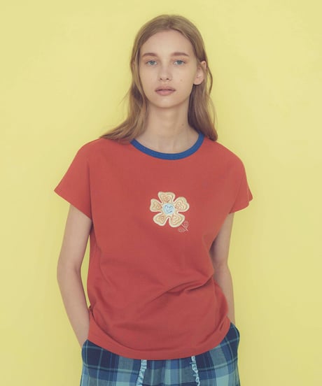 フラワーアップリケフレンチスリーブTシャツ (orange)