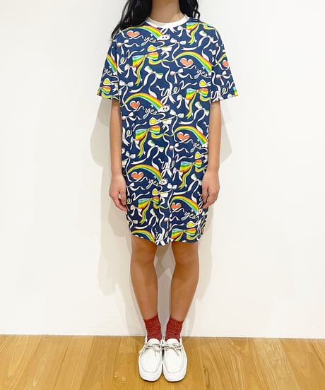 Yesリボンプリントカットソーワンピース (navy)