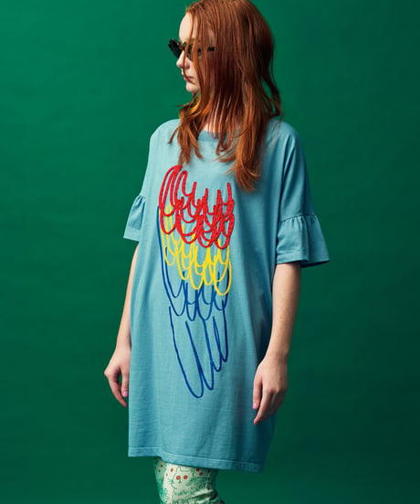 オウムの翼ギャザーそでワンピース（blue)