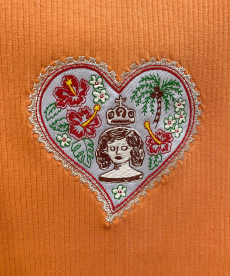 ハート切手の刺繍リブTシャツ (orange)