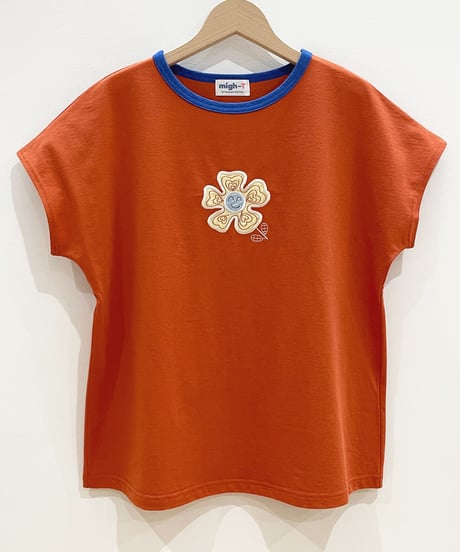 フラワーアップリケフレンチスリーブTシャツ (orange)