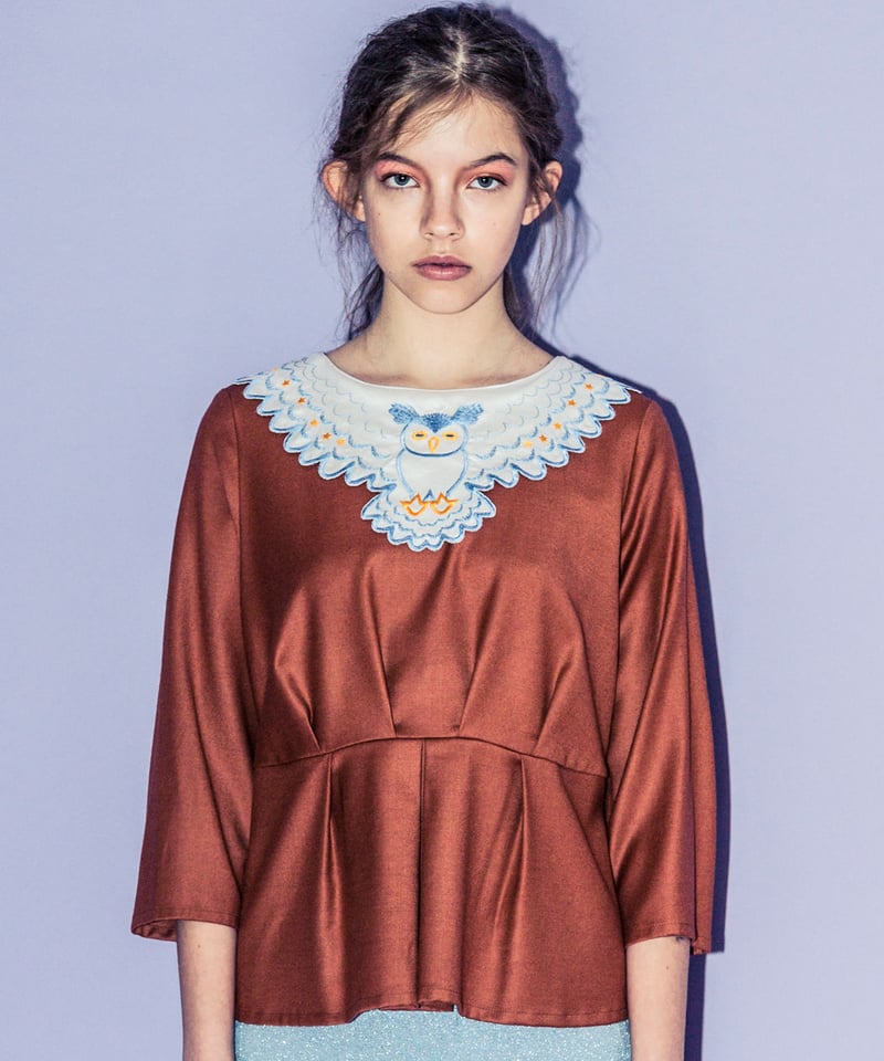 SAMPLE SALE> フクロウの刺繍えりブラウス（terracotta) | migh-