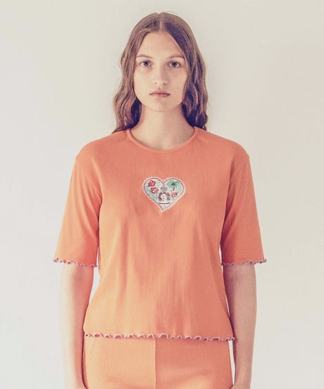 ハート切手の刺繍リブTシャツ (orange)