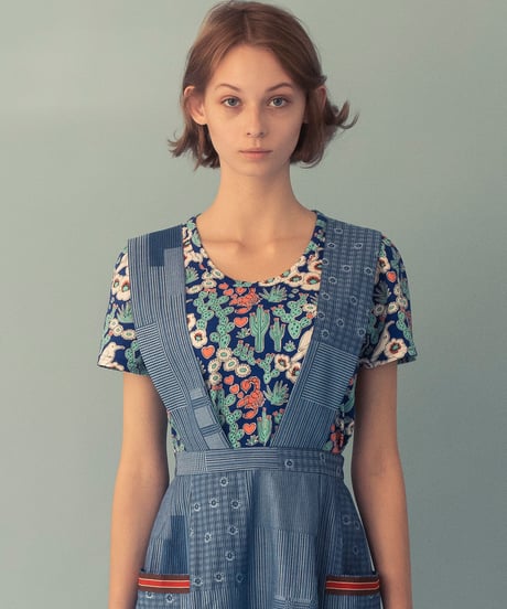 サボテンプリントフリルそでTシャツ (blue)
