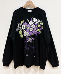 花束プリント 長袖オーバーサイズTシャツ (black)（先行予約）