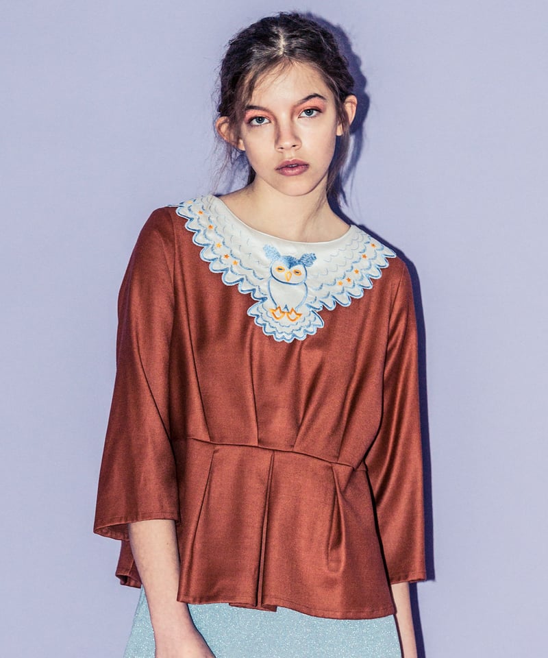 SAMPLE SALE> フクロウの刺繍えりブラウス(terracotta) | migh- SAMPLE SALE> フクロウの刺繍えりブラウス(terracotta) | migh-