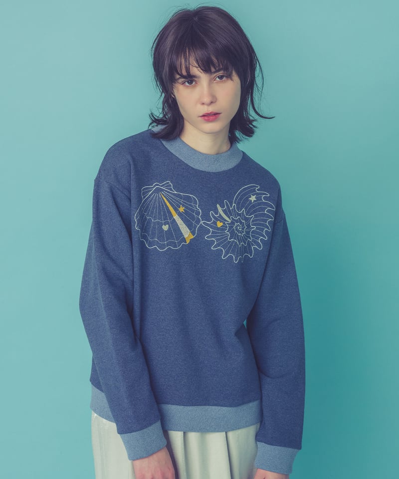 マーメイドシェル刺繍スウェット (blue) | migh-T by Kumiko Watari