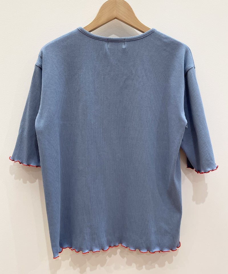 ハート切手の刺繍リブTシャツ (blue) | migh-T by Kumiko Watari