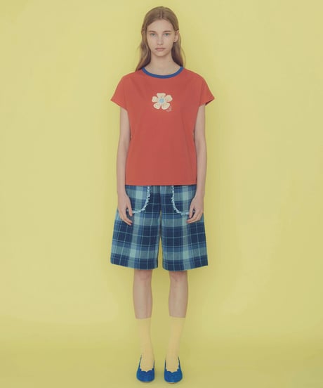 フラワーアップリケフレンチスリーブTシャツ (orange)