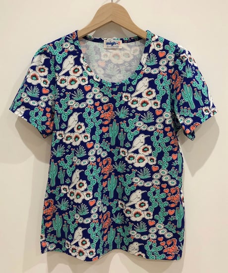 サボテンプリントフリルそでTシャツ (blue)