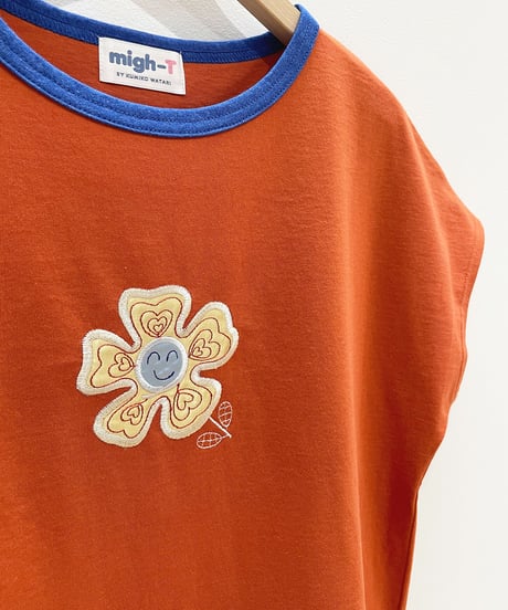 フラワーアップリケフレンチスリーブTシャツ (orange)