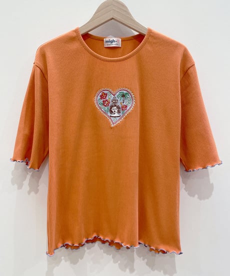 ハート切手の刺繍リブTシャツ (orange)