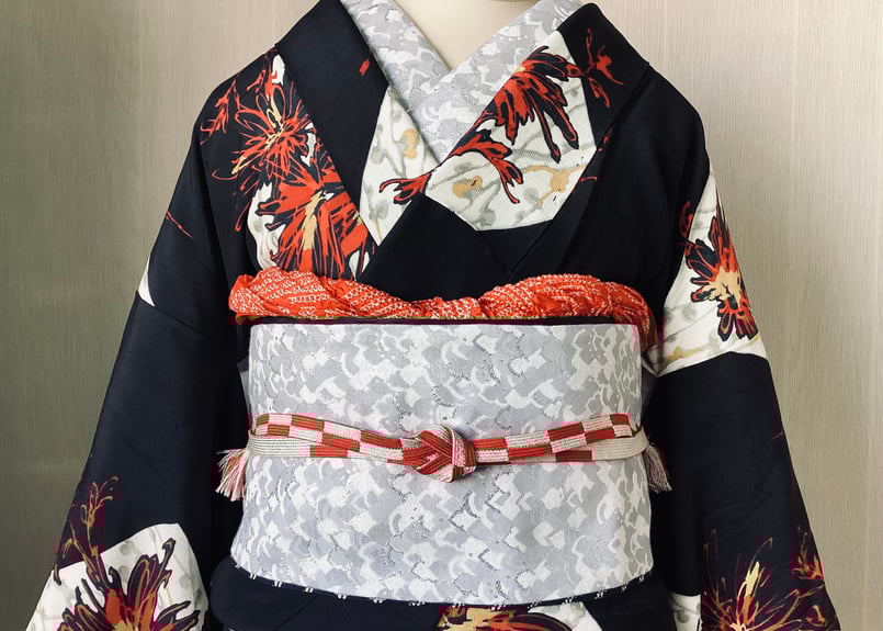 白蛇(生成り)×梅・市松】大人の兵児帯 半幅 半幅帯 アストラ 兵児帯 大人の