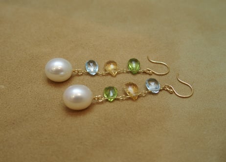 Color Stone & Pearl Design Earrings (Peridot/Citrine/Blue Topaz)