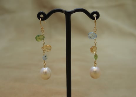 Color Stone & Pearl Design Earrings (Peridot/Citrine/Blue Topaz)