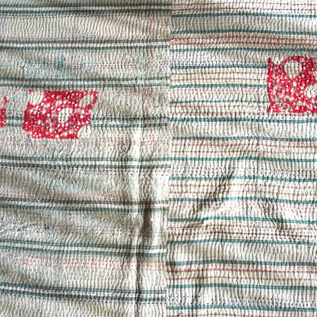 Vintage Kantha Quilt 4（ヴィンテージカンタキルト4・エメラルドグリーン・サーモンピンク・レッドドット)
