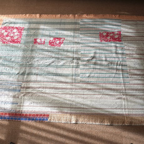 Vintage Kantha Quilt 4（ヴィンテージカンタキルト4・エメラルドグリーン・サーモンピンク・レッドドット)