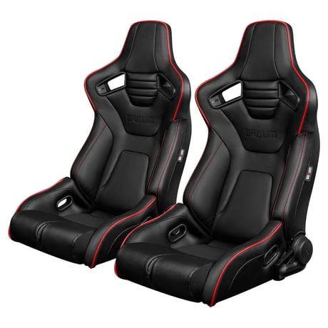 ２脚【Braum Racing  セミバケットシート Elite-R ブラックレザー＆レッドパイピング】