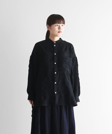 HUIS |“HUIS×尾州”縮絨綿ウールガーゼバンドカラーオーバーシャツ（ブラック）【ユニセックス】015