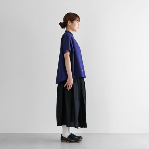 U110　オーガニックコットンバンドカラー半袖ワイドブラウス オーガニックコットンバンドカラー半袖ワイドブラウス U110を