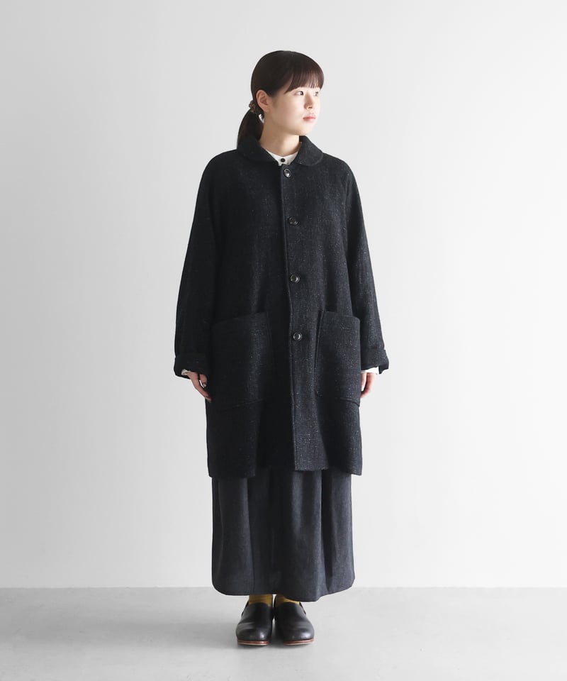HUIS | “HUIS×尾州”縮絨リネンウールミドルコート （ブラック）【ユニ