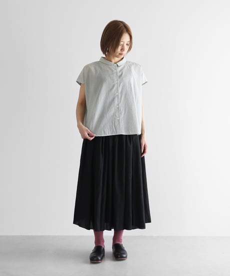HUIS |なめらかコットンフレンチスリーブワイドブラウス（グリーンストライプ）【レディス】U103