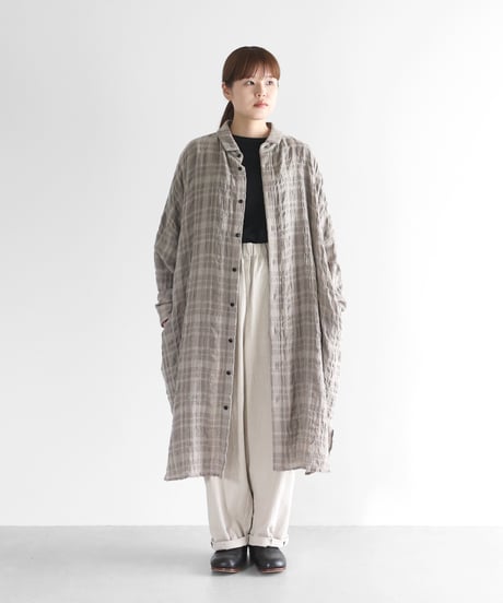 HUIS |“HUIS×尾州”縮絨綿ウールガーゼロングシャツ（ベージュチェック）【ユニセックス】016