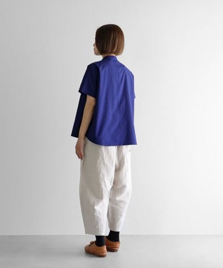 HUIS | オーガニックコットンバンドカラー半袖ワイドブラウス （フレンチネイビー）【レディス 】U110