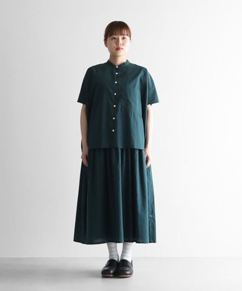 HUIS コットン　バンドカラー　シャツ　ダークグリーン HUIS コットンバンドカラーシャツダークグリーン