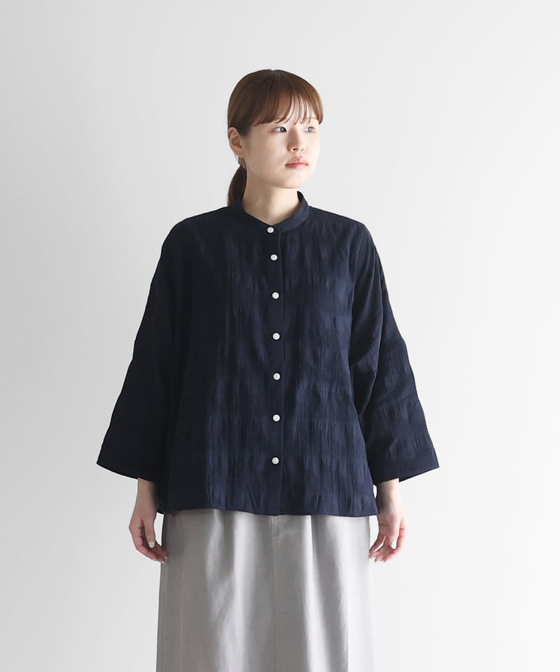 HUIS ジャガード長袖ブラウスU-105 柄二重織シャトルジャガードワイド