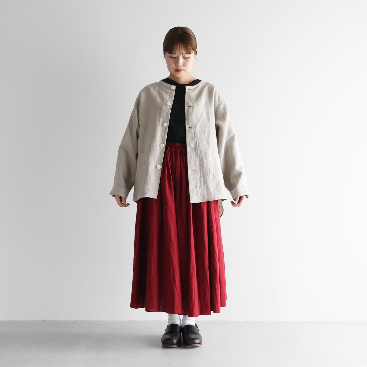 HUIS |オールドレピアリネンノーカラーシャツジャケット（きなり